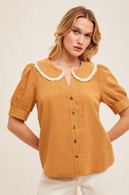 Crochet Trim Detail Textured Woven Top